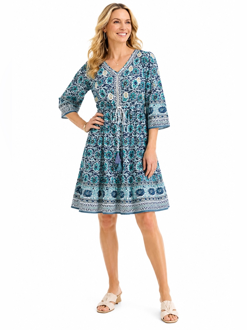 Soft Surroundings Embroidered Boho Cotton Tassel Dress Blue Teal Med M